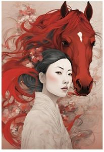 portrait of an asian woman and red horse, their hair merging
