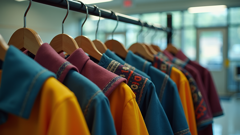 Eye-level view of a colorful Pacific school uniform hanging on a rack