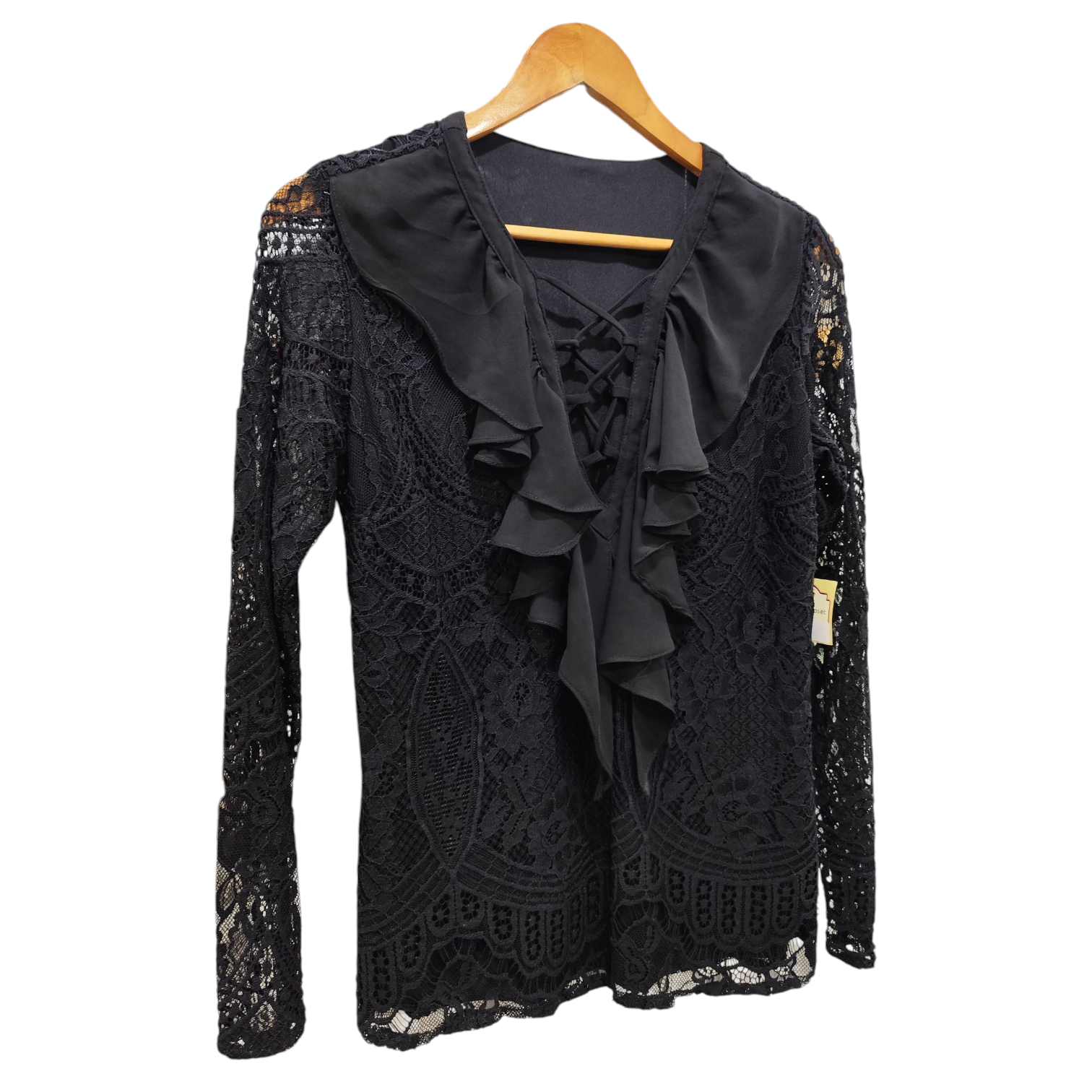 Blusa de Renda e Babados Preta Manga Longa