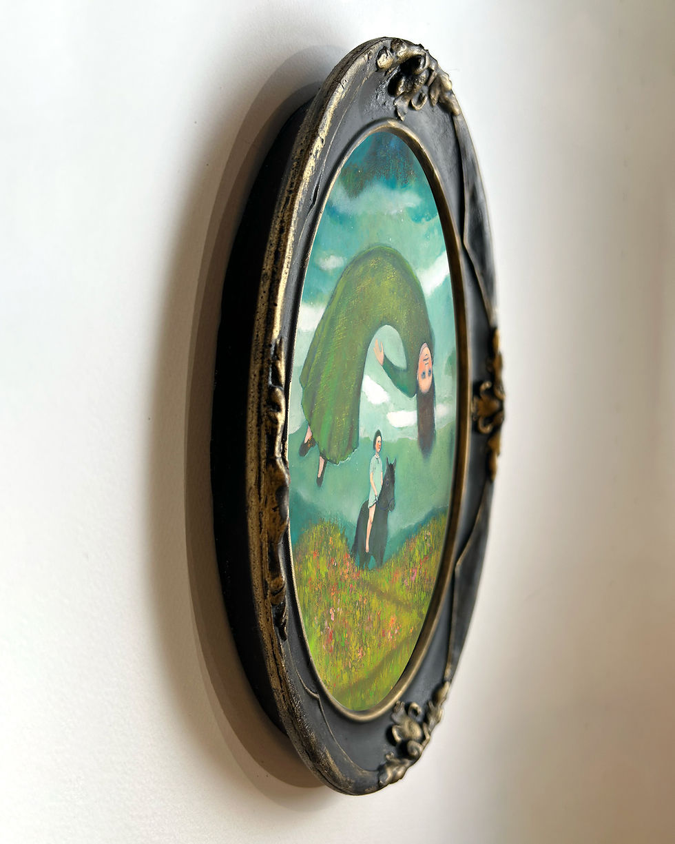 Thumbnail: "Obviously Not Impressed" small framed art print of a horseback dreamscape 11x9"
