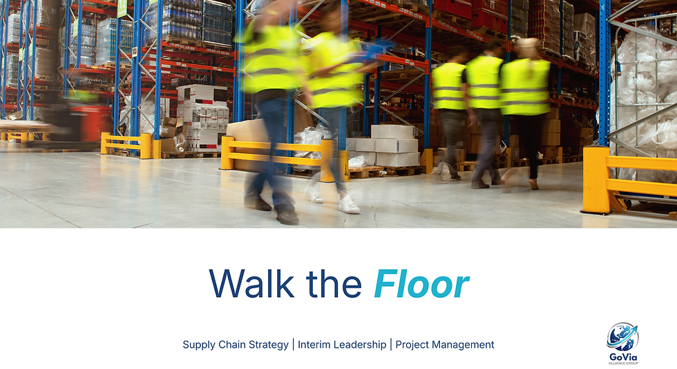Walk the Floor cover card — warehouse aisle in motion blur with the series title in navy and teal