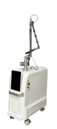 Side view of 450ps picosecond laser equipment showing Korean 7-joint light guide arm and side cooling vents