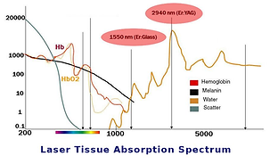 Laser tissue absorption spectrum comparison chart for erbium glass and CO2 laser wavelengths