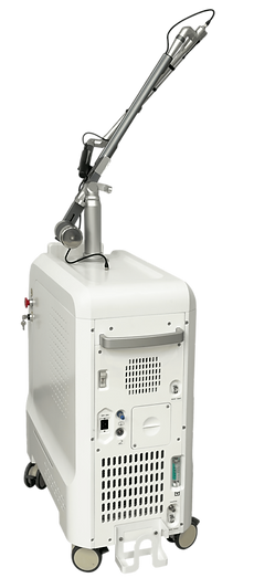 Side view of 450ps picosecond laser equipment showing Korean 7-joint light guide arm and side cooling vents