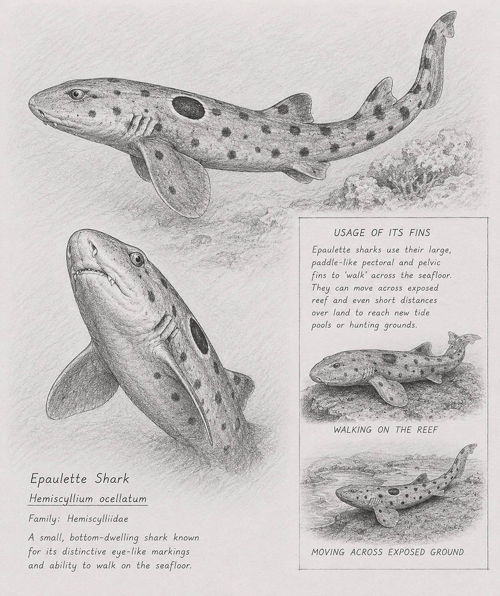 AI-generated pencil illustration of an epaulette shark with its spotted body and dark eye-like marking, and detail panels showing it walking across the reef and over exposed ground on its paddle-shaped fins.