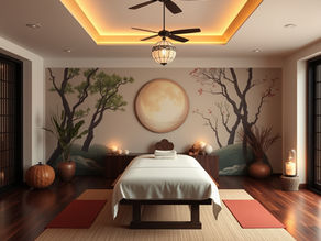 Illustration of a peaceful massage sanctuary with warm lighting and nature-inspired décor.