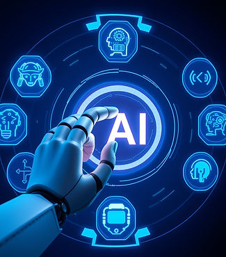 Futuristic user interface with glowing AI icons, a robotic finger gently interacting with 