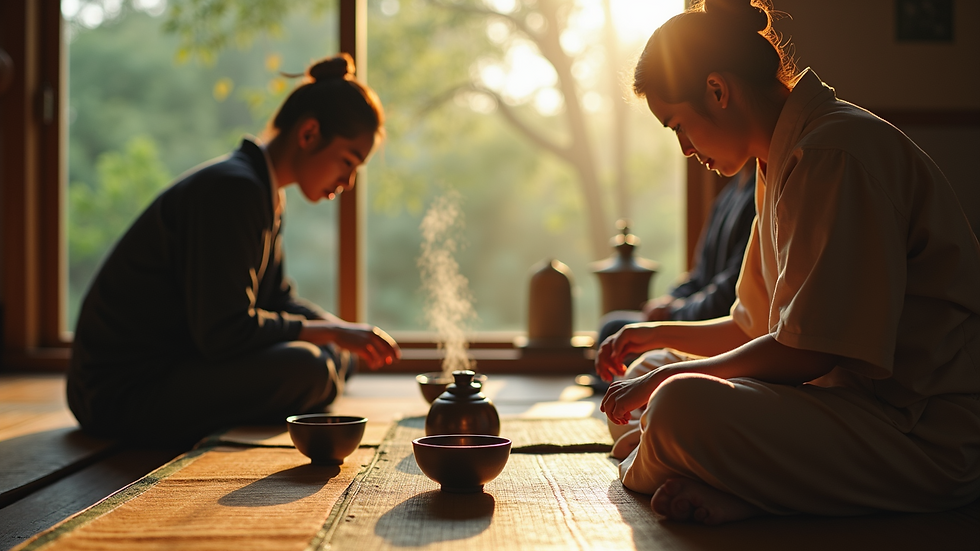 Eye-level view of a traditional Japanese tea ceremony