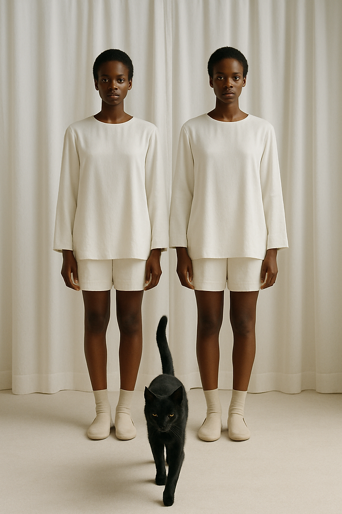 Two women in matching outfits with a black cat