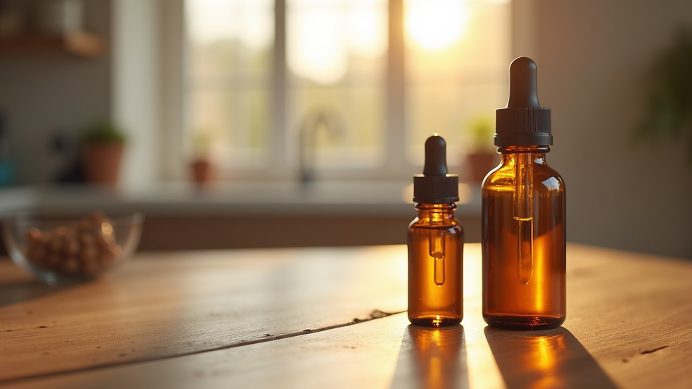 Eye-level view of amber glass dropper bottle with clear serum on wooden surface