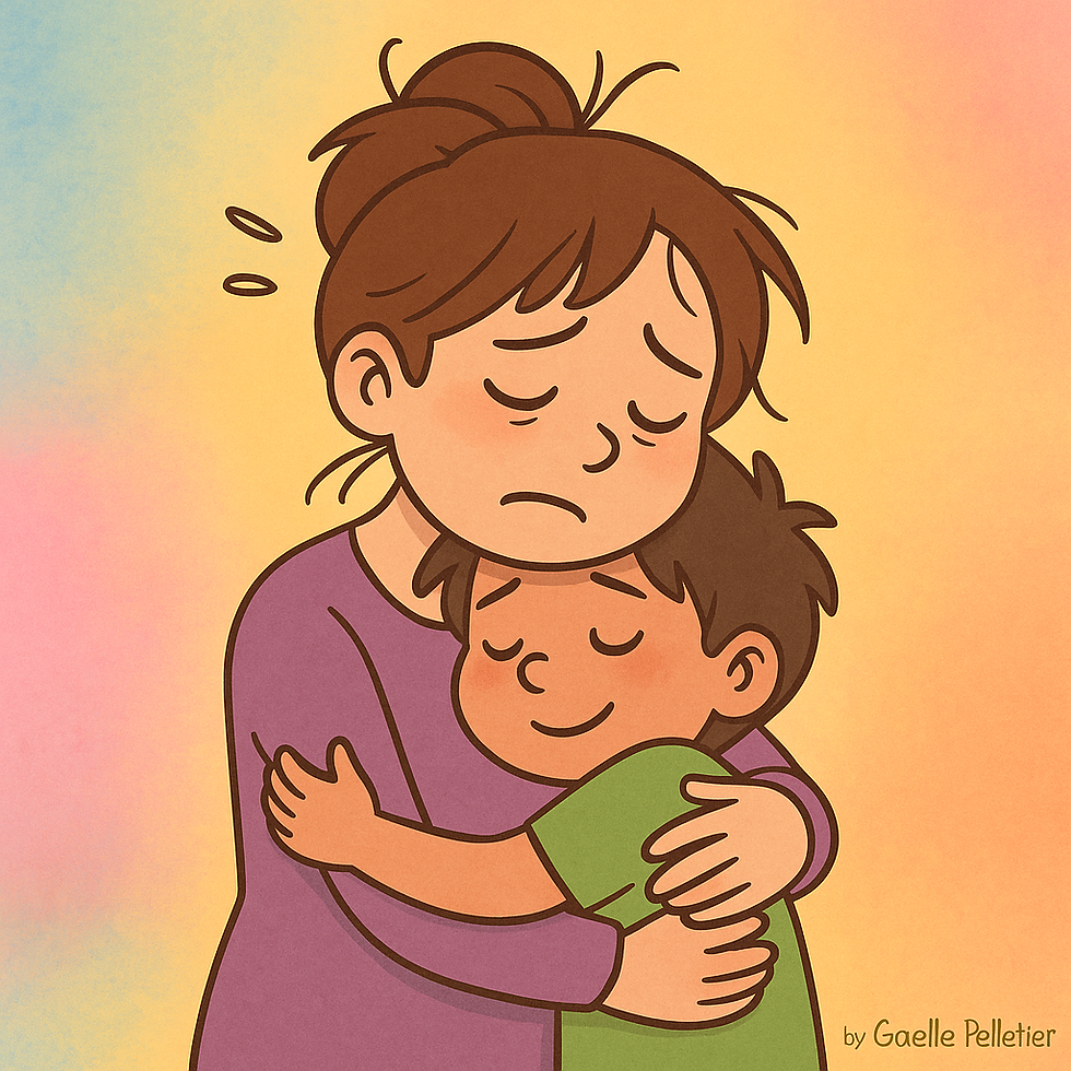 Illustration colorée en style cartoon représentant un parent assis, visiblement fatigué, entouré d'enfants énergiques. L'image reflète la charge émotionnelle et mentale de la parentalité avec douceur et humanité.