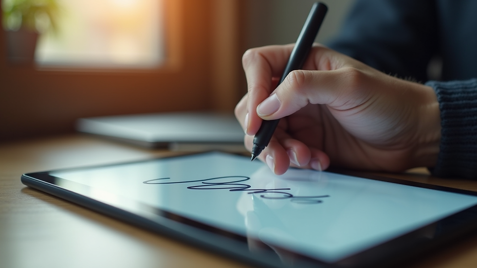 Close-up view of a digital signature pad with a stylus