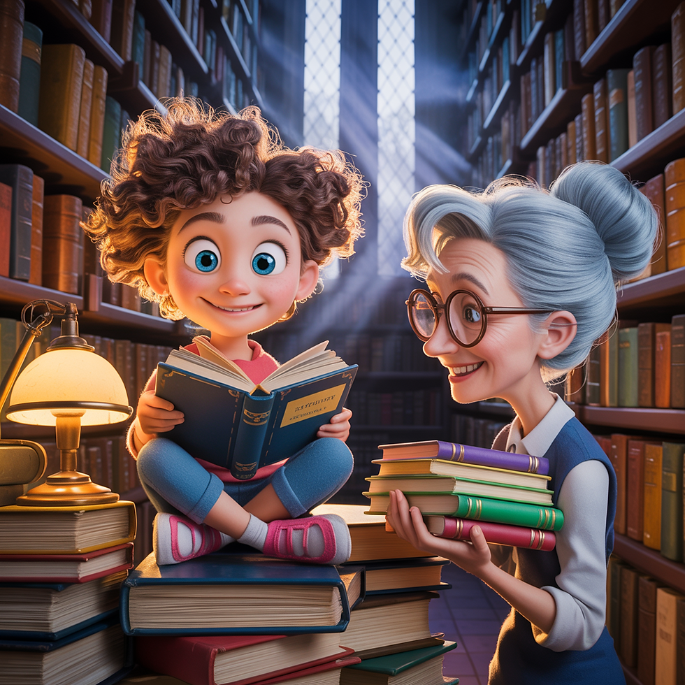 Child and older woman in a cozy library. Child sits on books, reading, happy. Woman holds books, smiling. Warm light, bookshelves, glowing mood.