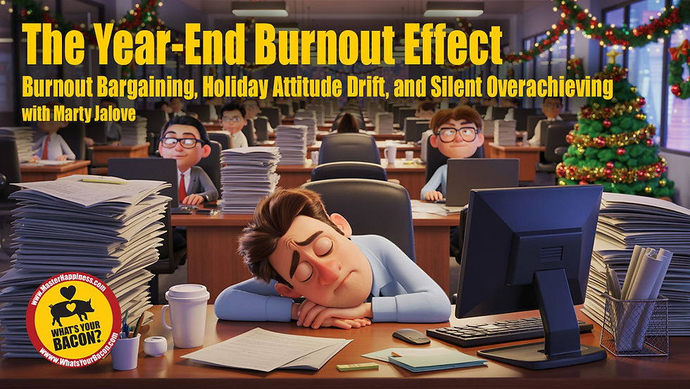 Sleeping office worker at desk, surrounded by stacks of papers. Festive Christmas decor and a tree in the background. Text: The Year-End Burnout Effect. Master Happiness