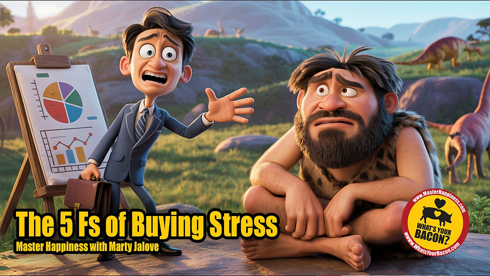 Two cartoon characters, a suited Marty Jalove, Master Happiness and a caveman, appear stressed in a prehistoric setting. A chart and text read: "The 5 Fs of Buying Stress."
