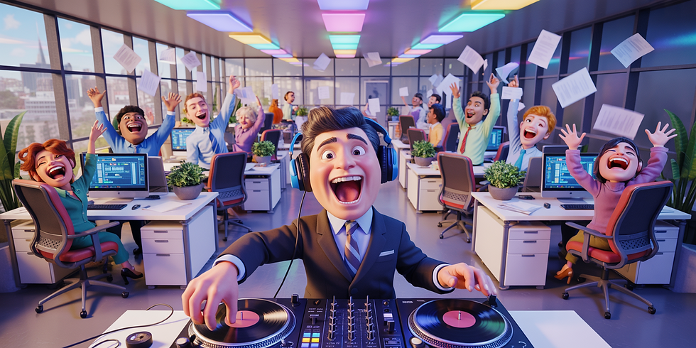 Animated office scene with cheerful employees throwing papers, DJ in foreground with headphones, colorful lights, computers, plants in background.