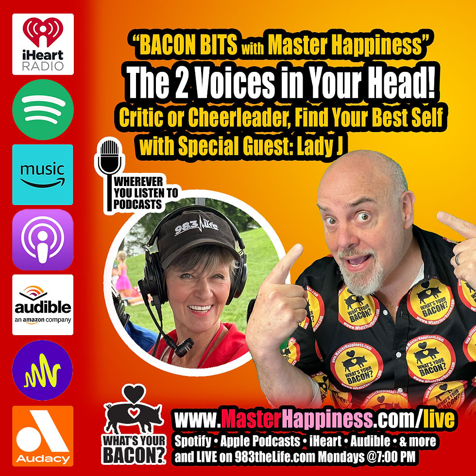 Podcast promo poster: Marty Jalove, Master Happiness points at his head beside Lady J in headset; bold text for Bacon Bits, Master Happiness, Lady J, and streaming logos.
