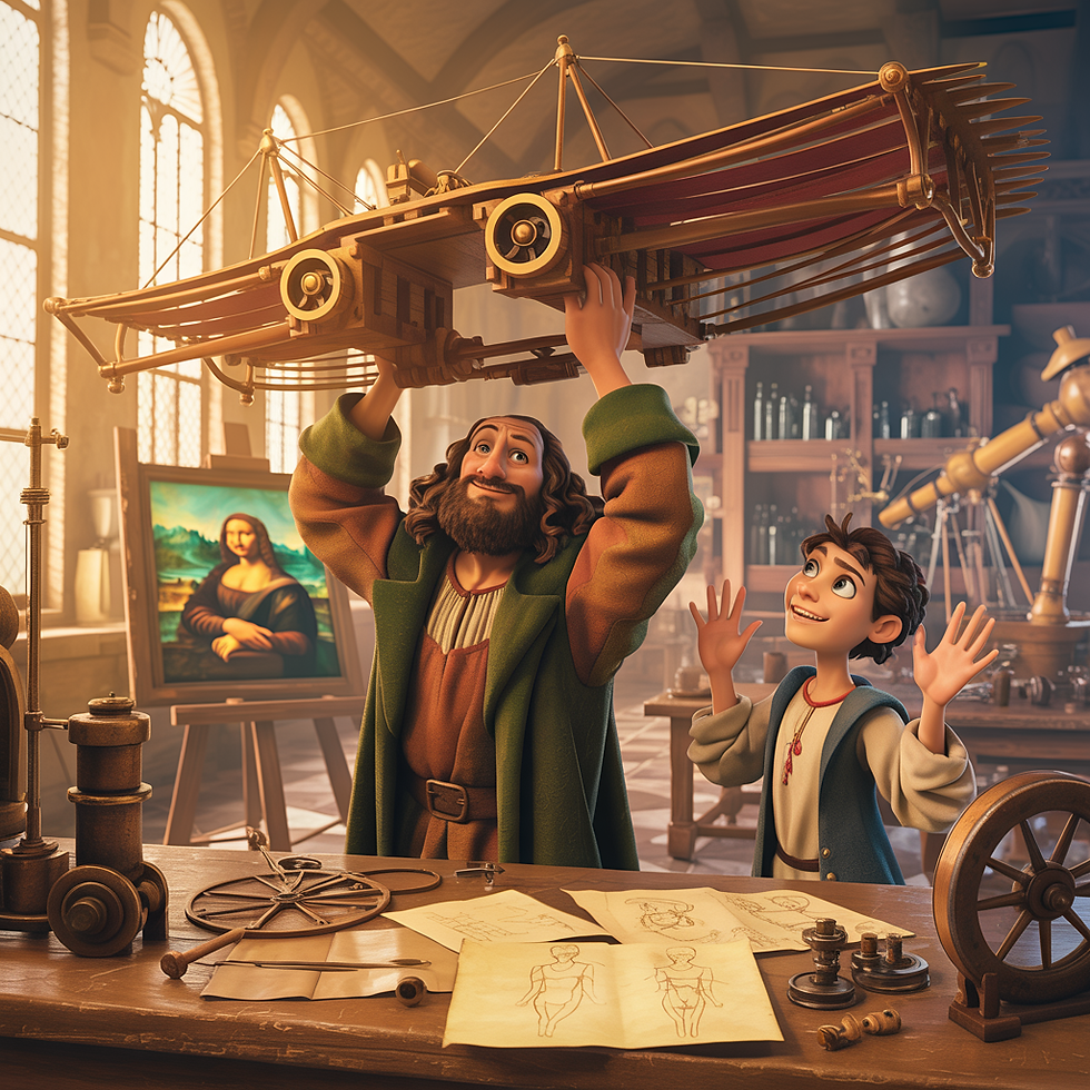 Leonardo Di Vinci holds a model flying machine overhead, smiling with a boy in a workshop. Mona Lisa painting and sketches in the background.
