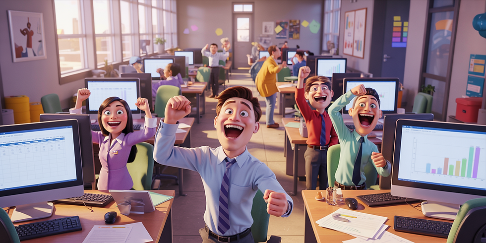 Animated office scene with joyful employees celebrating with raised fists. Desks have computers showing charts and spreadsheets. Bright, lively mood.