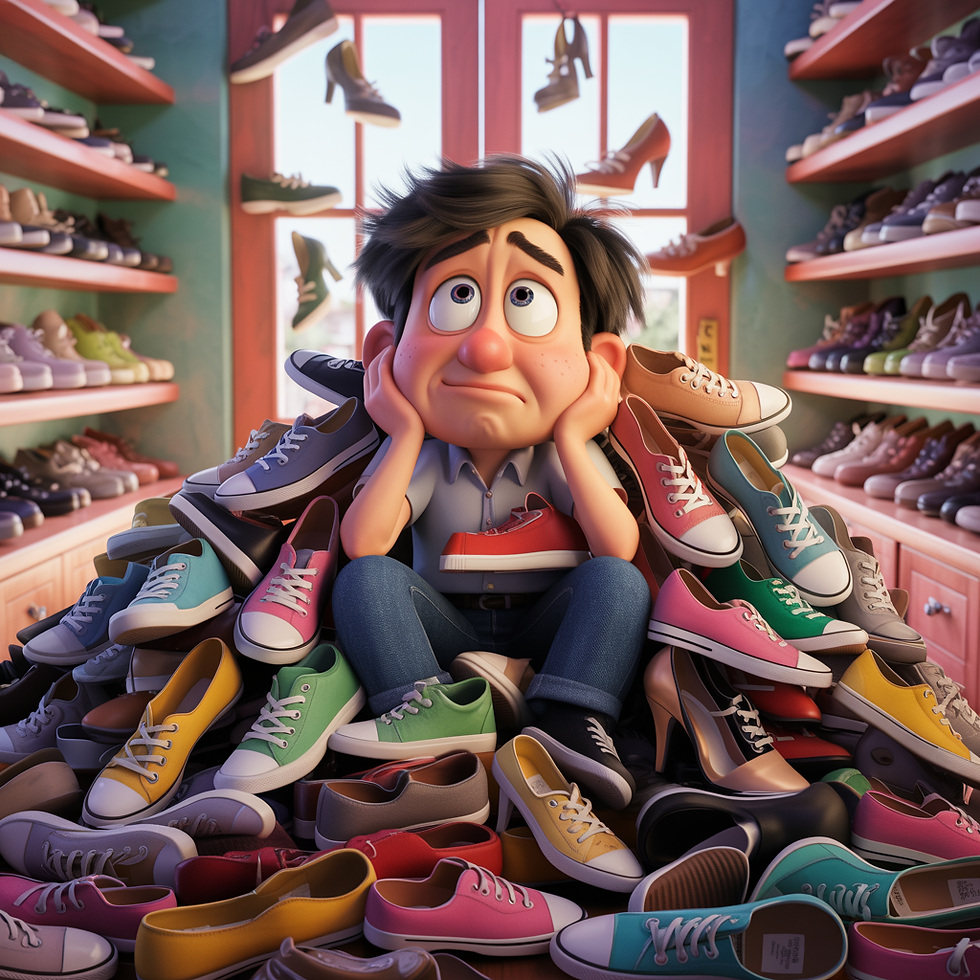 Animated person in a shoe store, sitting on a pile of colorful shoes, looking overwhelmed. Shelves full of shoes in the background.