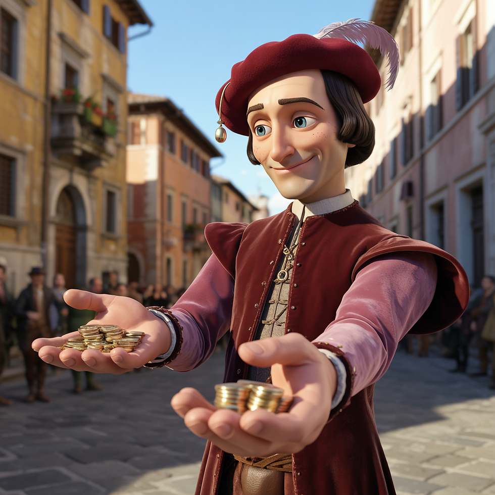 Machiavelli in Renaissance attire offers coins on a sunny cobblestone street, smiling warmly. Background shows historic buildings. Marty Jalove, Master Happiness
