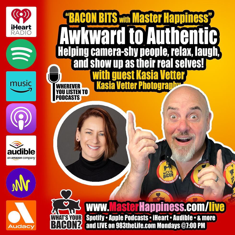 Podcast promo image with a smiling Marty Jalove, Master Happiness and Kasia Vetter of Kasia Vetter Photography, podcast platforms, and text: "Awkward to Authentic." Bright colors.