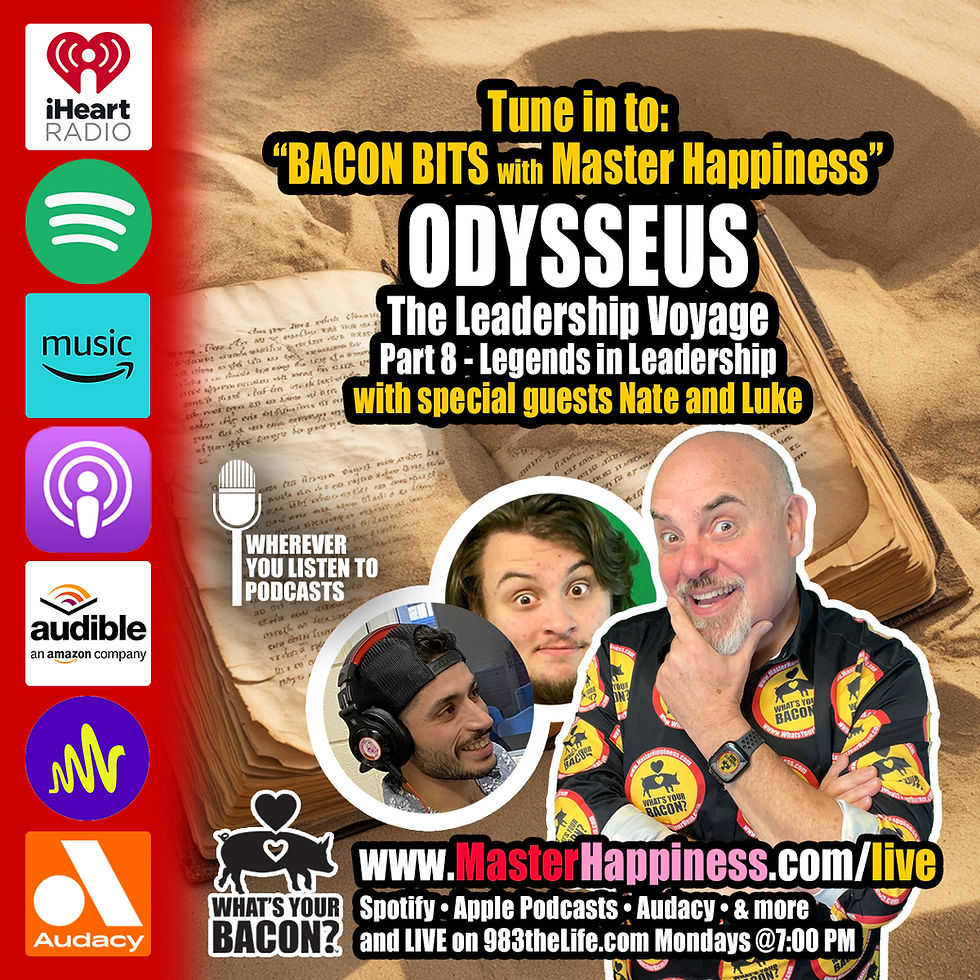 Podcast promo for ODYSSEUS: The Leadership Voyage, with Marty Jalove, Master HAppiness, Luke, and Nate, platform logos, and live-listening details.