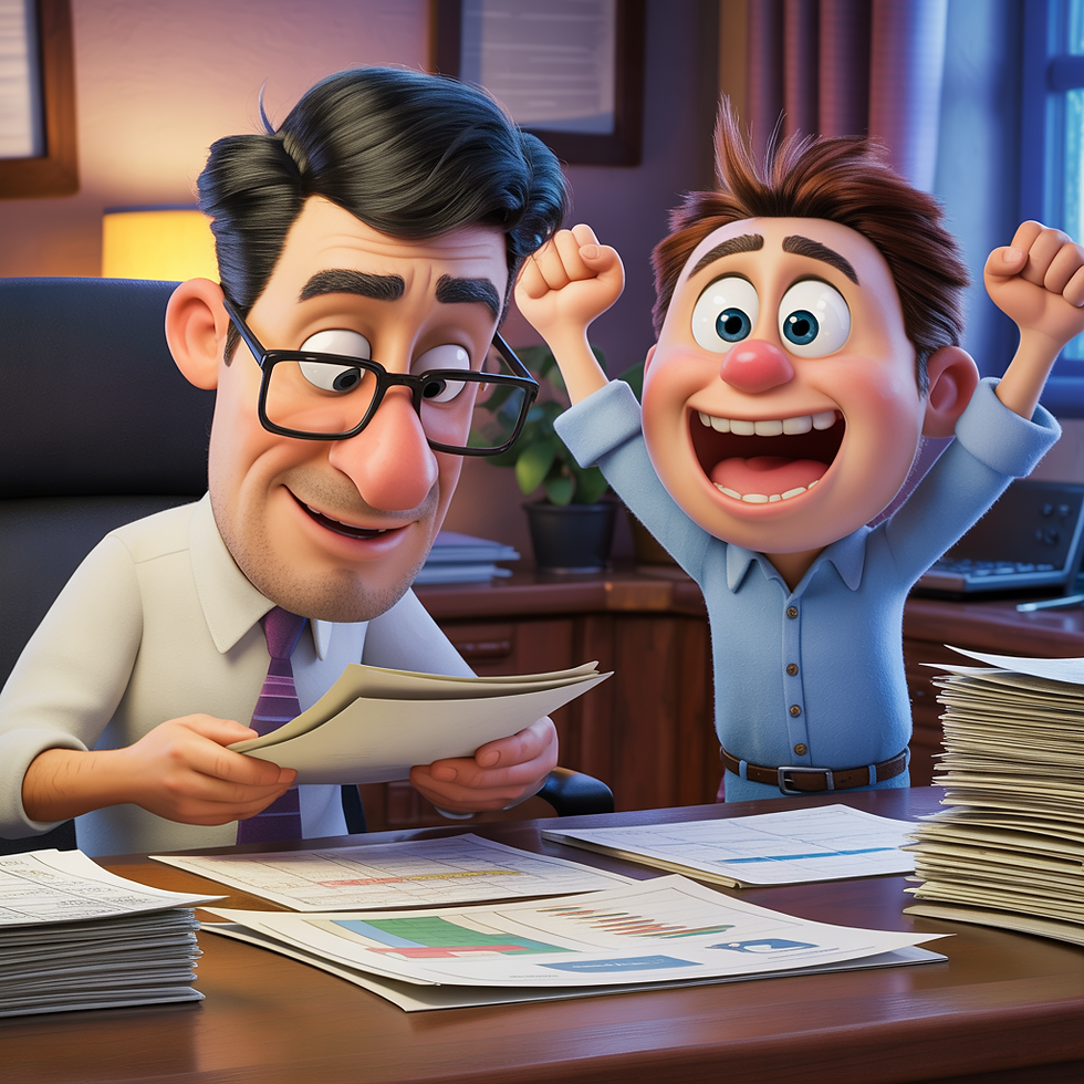 Animated characters in an office, one reading papers, the other celebrating with raised arms. Papers on the desk, warm lighting, joyful mood.