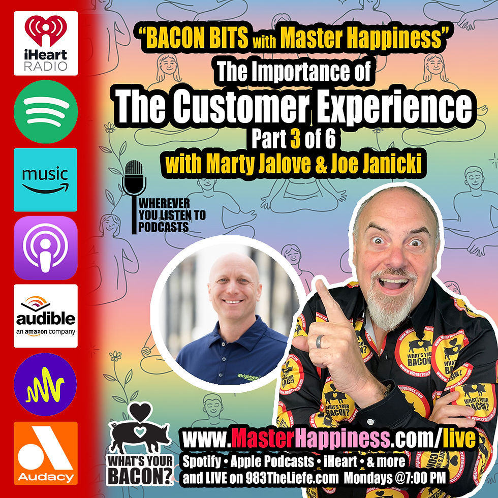 Marty Jalove, Master Happiness in colorful shirt points excitedly; Joe Janicki in circle inset smiles. Text: "Bacon Bits with Master Happiness," podcast info, logos.