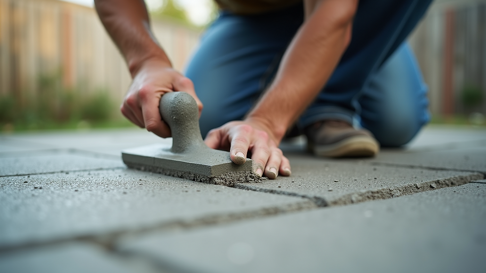 Eye-level view of worker applying concrete patch with trowel