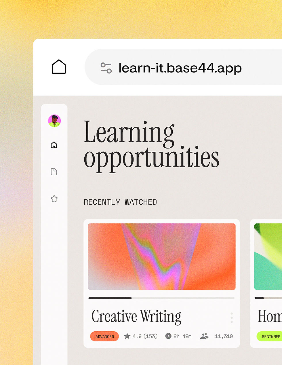 Base44 generated learning app displayed in a browser with a Base44 app URL