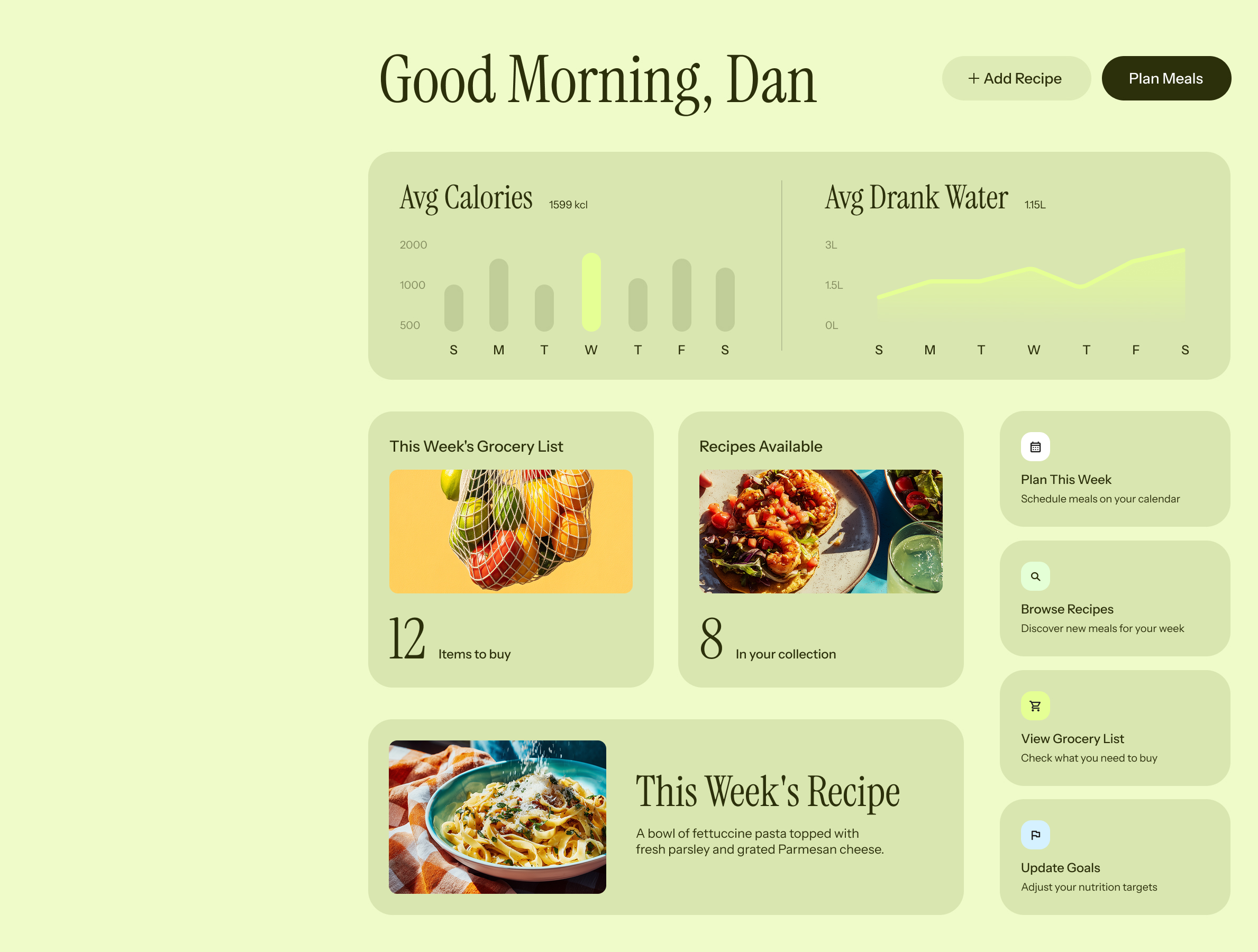 Personal health and meal planning app, built on Base44, showing calorie tracking, water intake, groceries, and recipes.