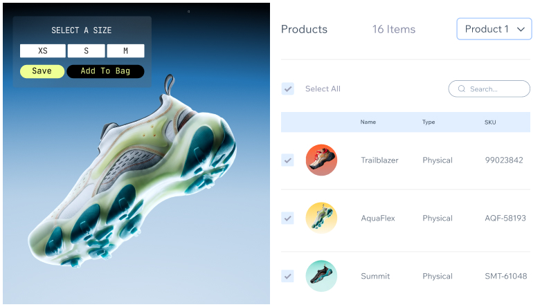 The product management dashboard of an online shoe store connected to Wix Headless