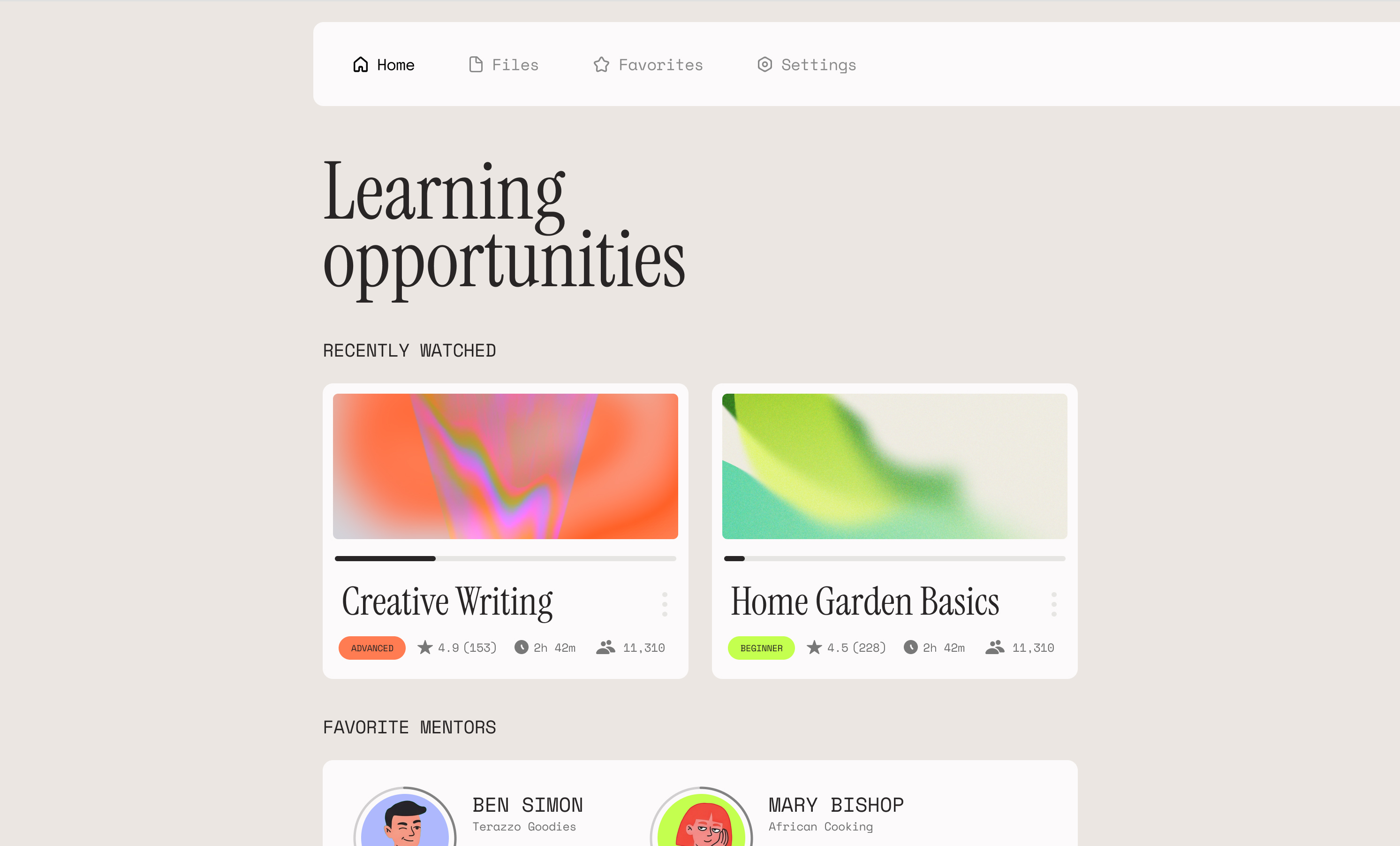Learning app, built on Base44, showing a courses dashboard with recently watched lessons, navigation tabs, and saved content.