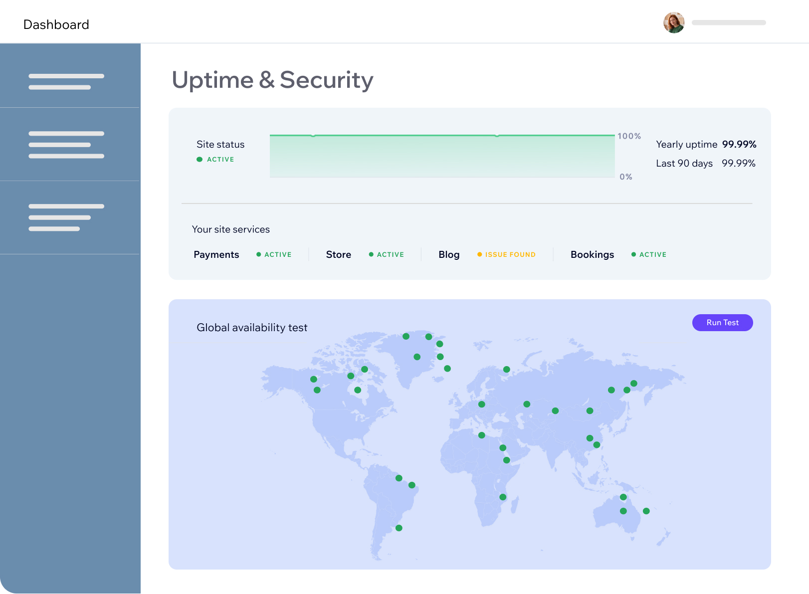 A Wix dashboard displaying secure hosting.