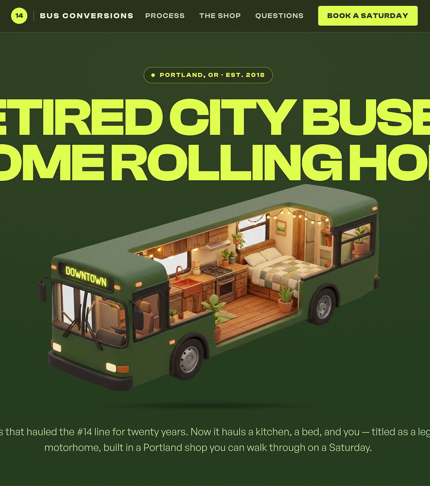 A bookings site for a business selling mobile homes built from buses connected to Wix Headless
