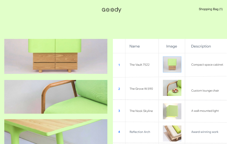 Wix Headless CMS table of furniture products with names, images and descriptions