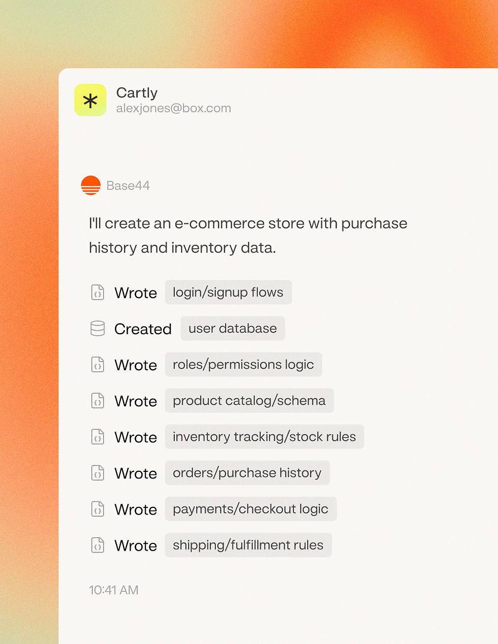 Base44 builder interface displaying the creation of an e-commerce app, including user authentication and product catalog.