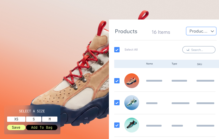 Wix Headless Stores dashboard listing products next to a hiking boot storefront