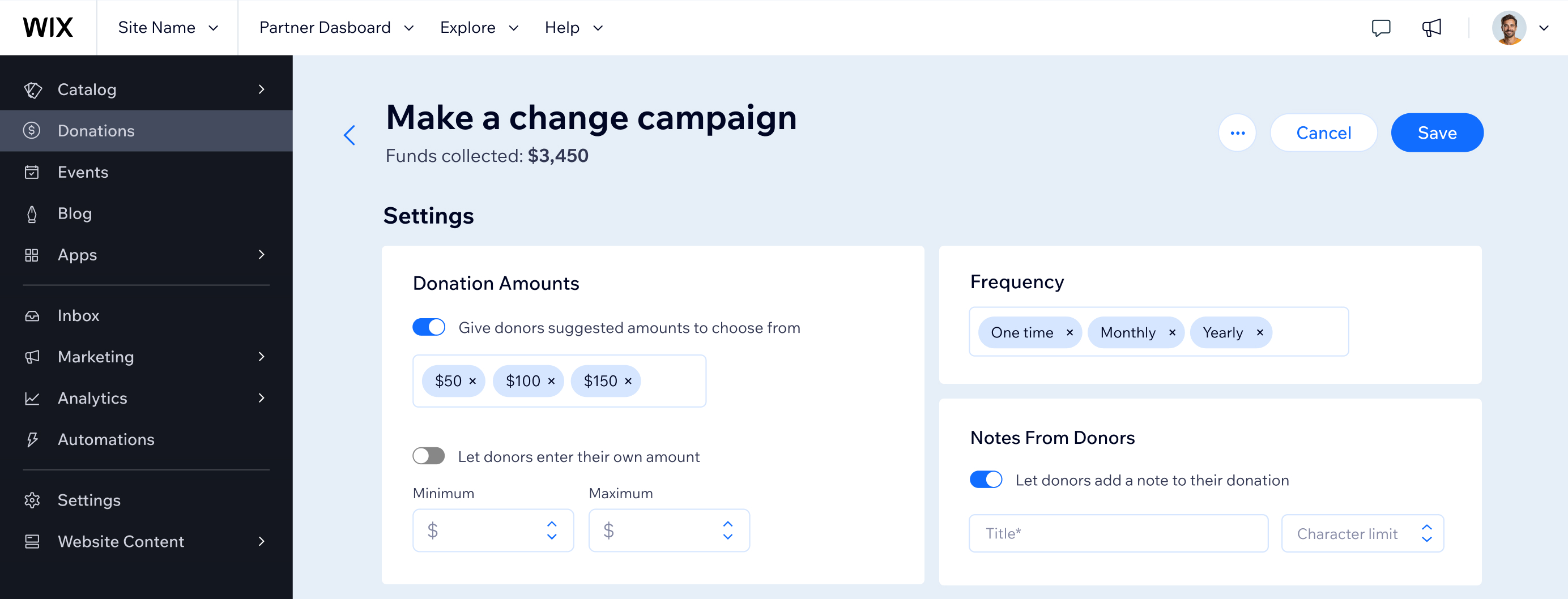 Example of how to adjust donation amounts and frequency from your Wix dashboard.