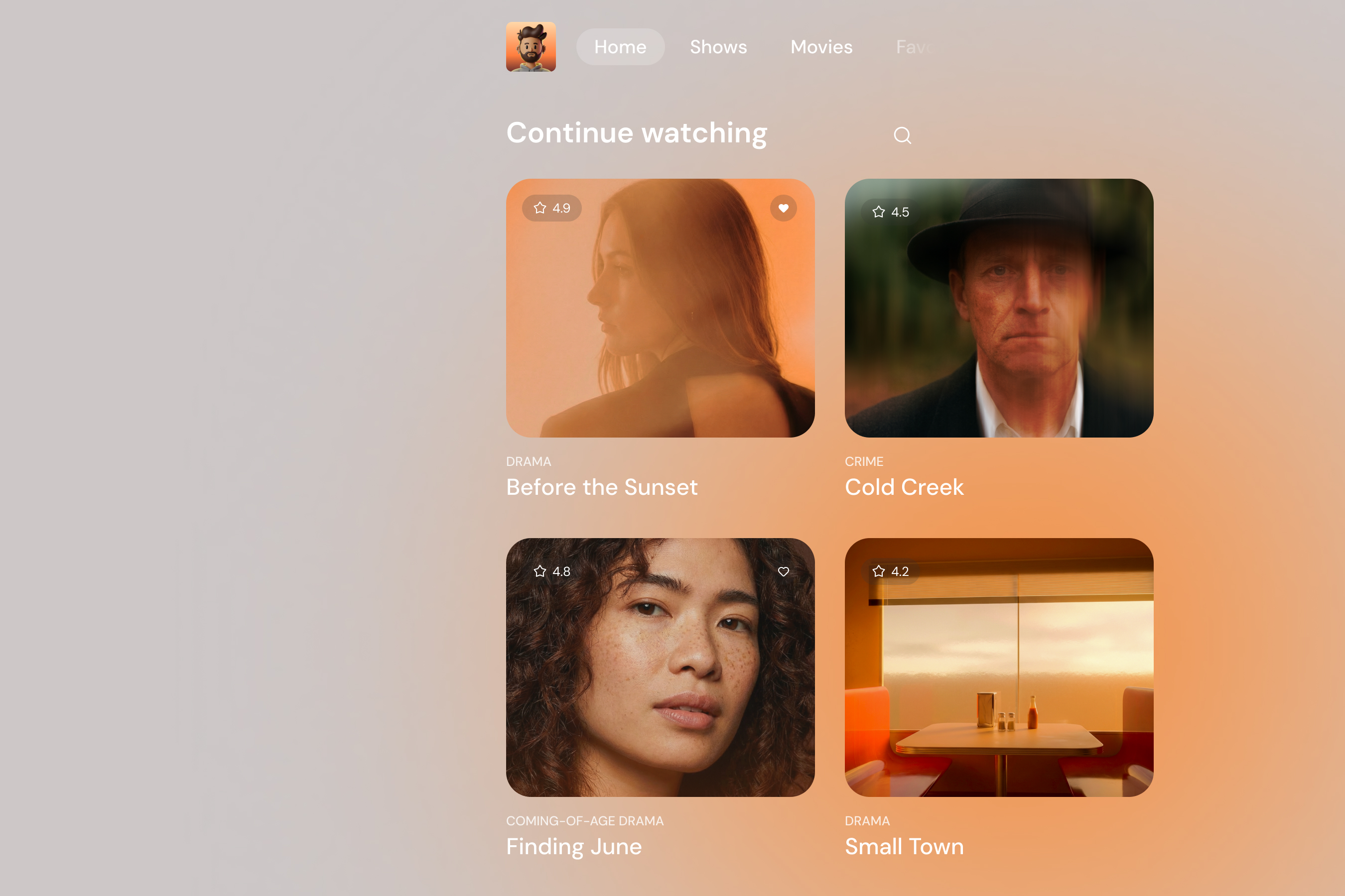 Streaming app built on Base44, showing a Continue watching section with movie and TV show cards.