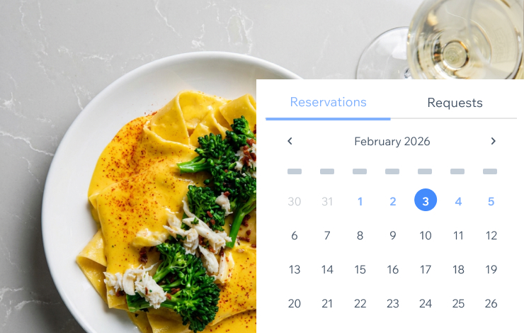 Restaurant reservations calendar powered by Wix Headless, shown over a pasta dish