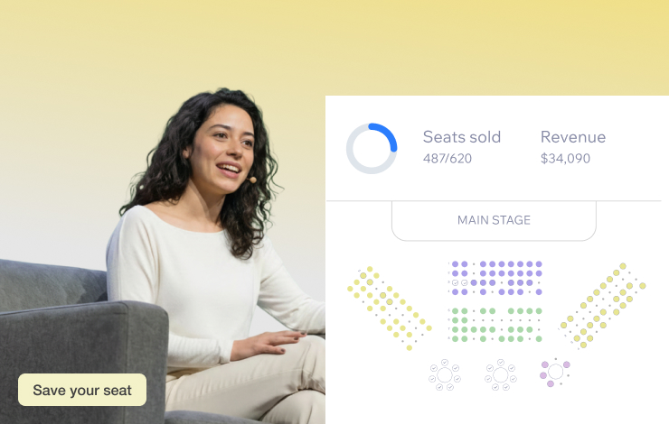 Events dashboard with a seat map, seats sold and revenue, powered by Wix Headless
