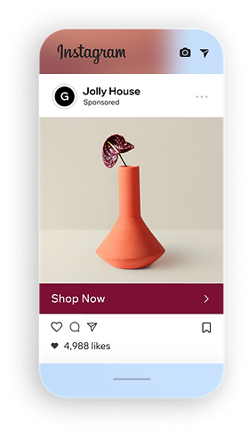Website for Jolly House ceramics company with a collection of orange vases. Sponsored post on Instagram for Jolly House ceramics company with an orange vase and flower