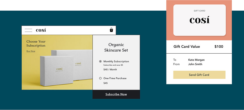 Online cosmetic store offering digital gift cards and product subscription boxes.