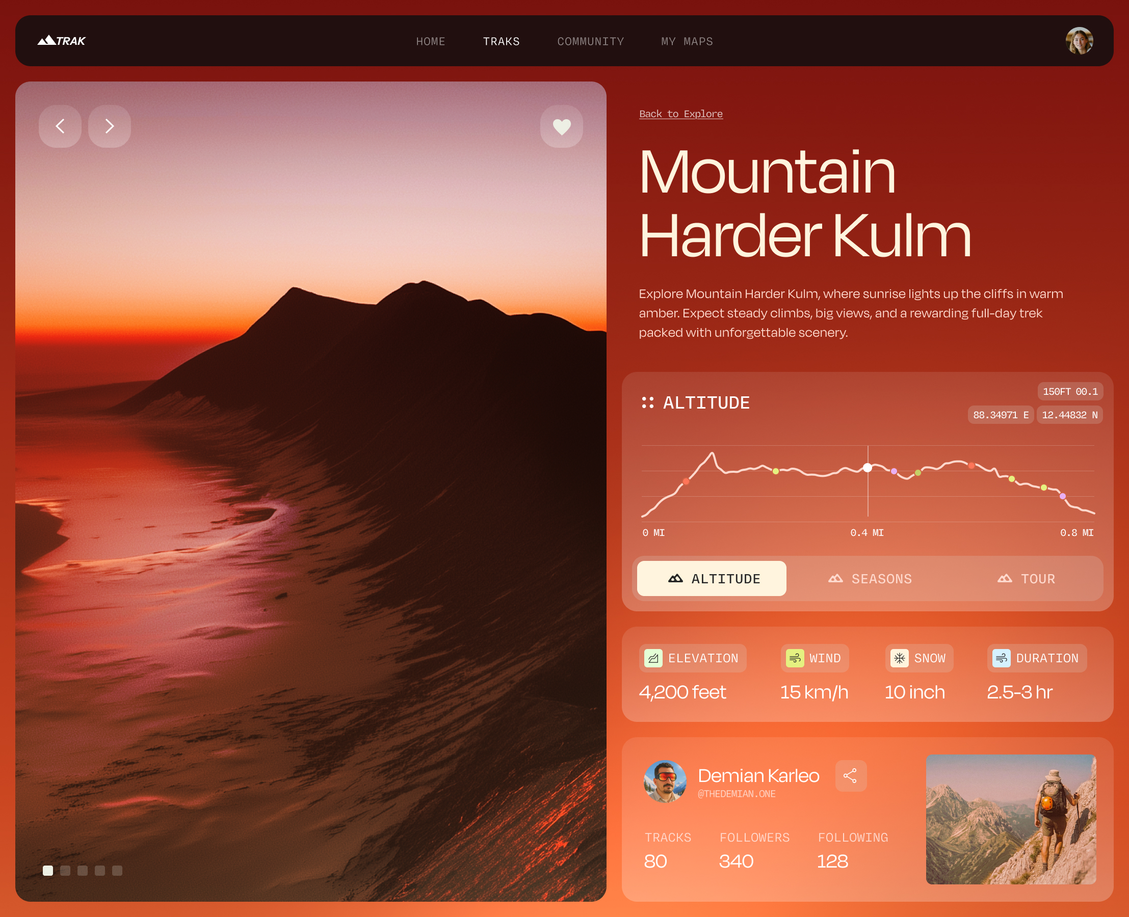 Outdoor adventure app built on Base44, showing a mountain trail page with scenic imagery, route details, and activity stats.