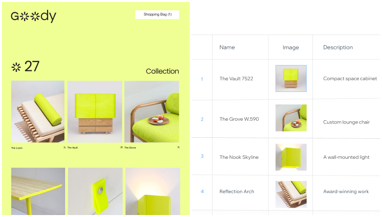 The product management dashboard of an online furniture store connected to Wix Headless