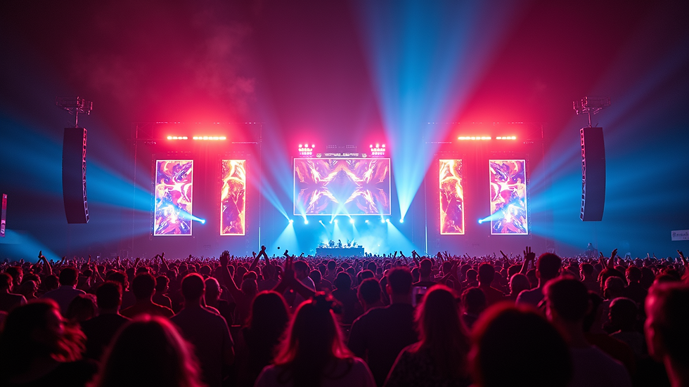 High angle view of a colorful EDM festival stage with vibrant lights
