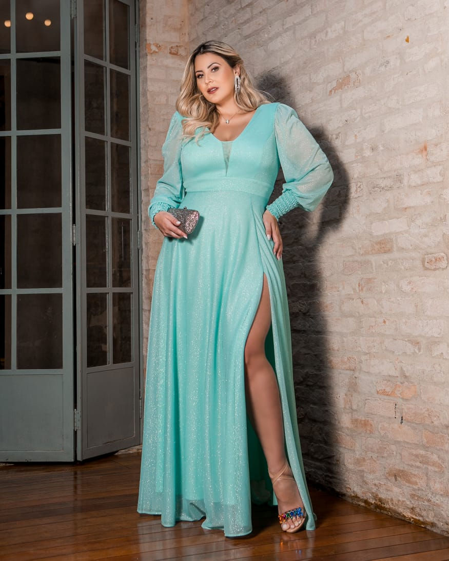Miniatura: vestido de festa longo com fenda manga longa lurex  brilho plus size