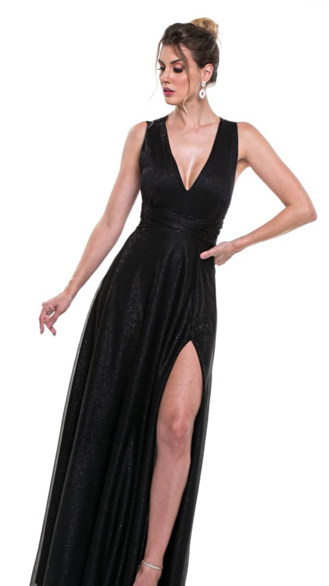 vestido de festa longo com fenda lurex brilho frente única preto